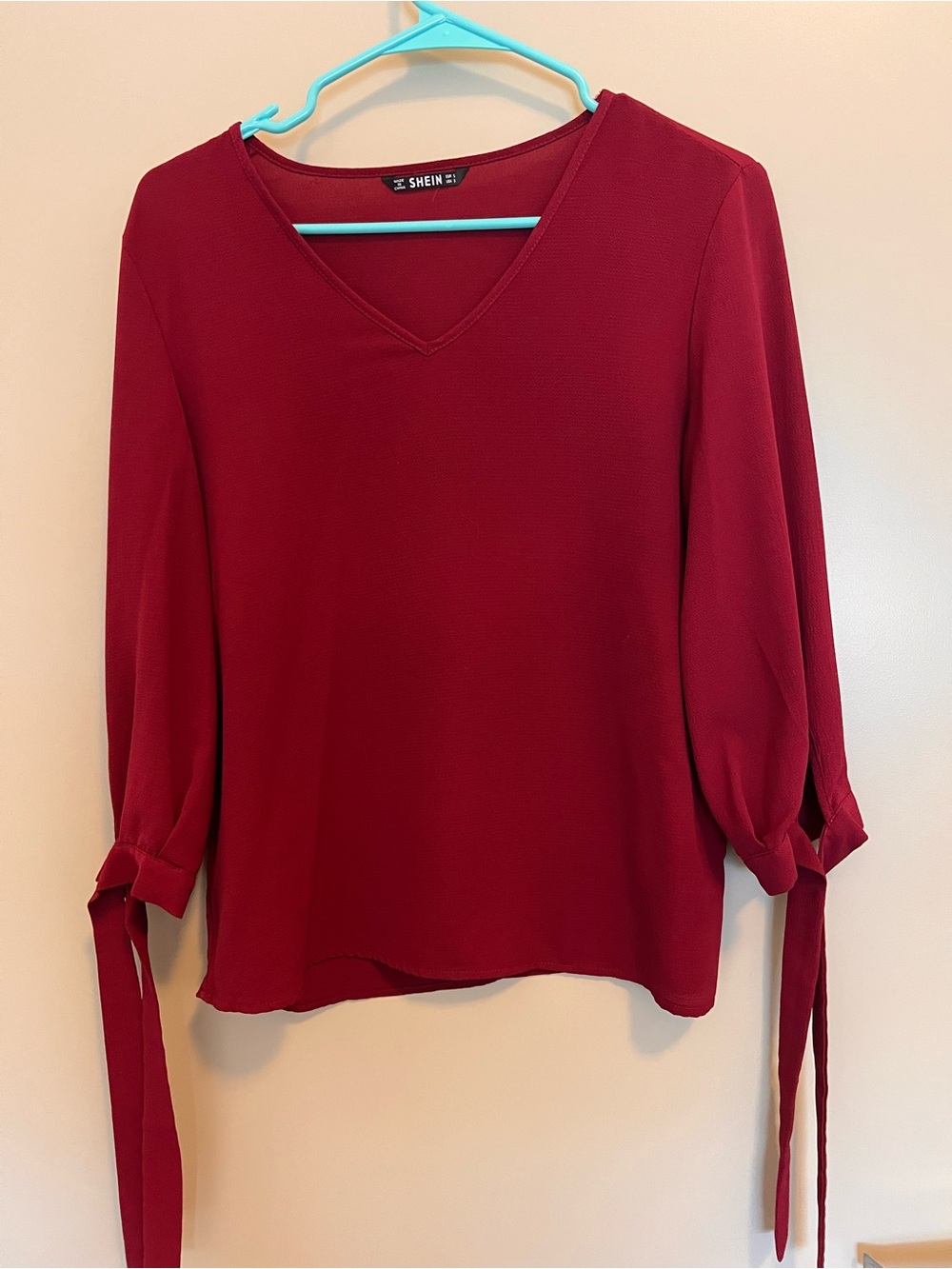 SHEIN Women's Burgundy V-Neck Tie-Sleeve Blouse